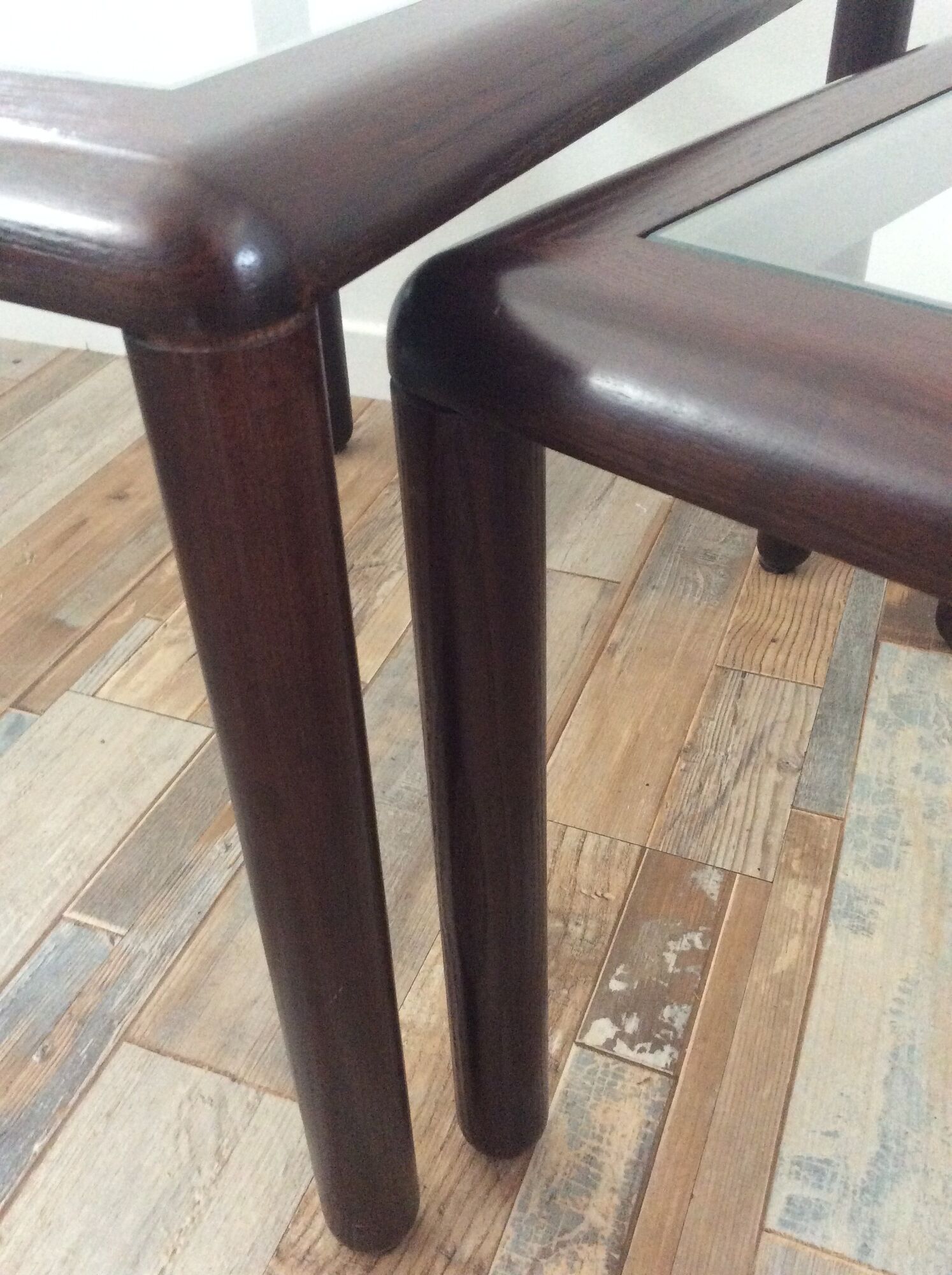 Series of 3 wooden and glass tables from the 70s