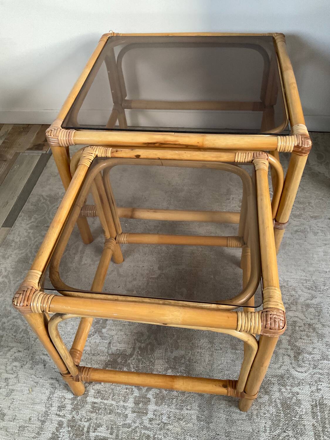 Duo of vintage rattan coffee tables from the 60s-70s