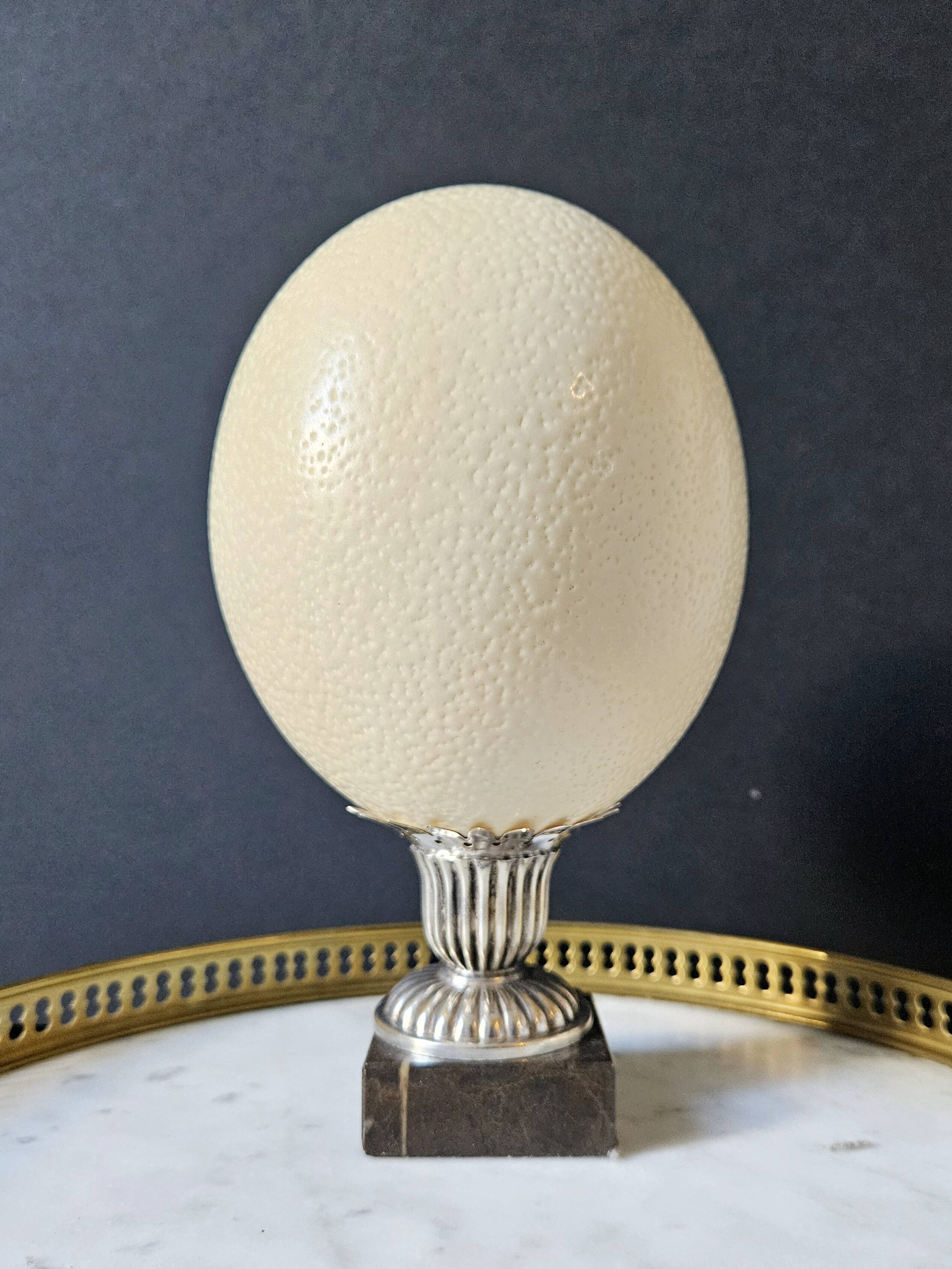 Oeuf d'Autruche, Socle en Métal Argenté & Marbre Noir (Début XXème) H: 21cm