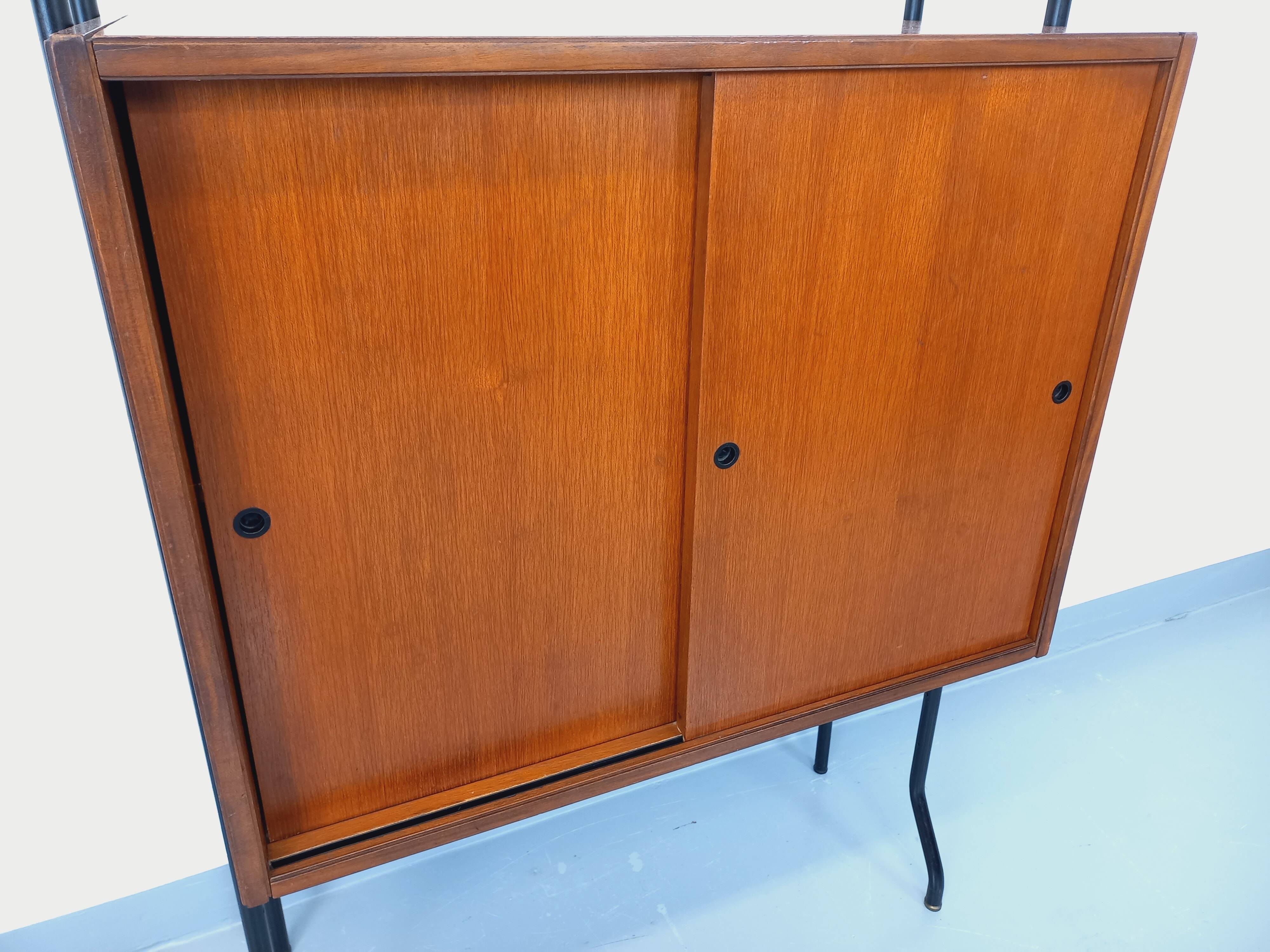 Vintage Italian modular shelving unit in teak and metal from the 1970s