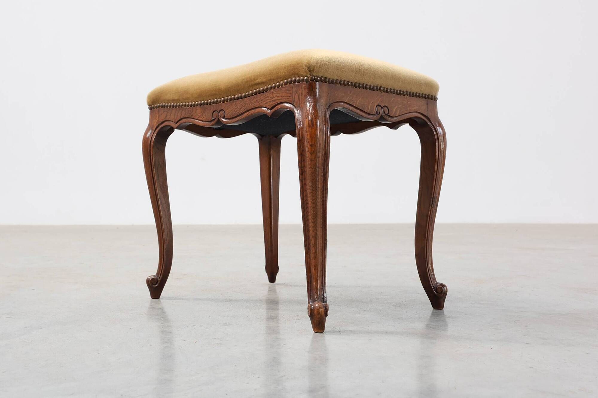 Louis XV Style Walnut Stool with Cabriole Legs and Velvet Seat, France, 20t