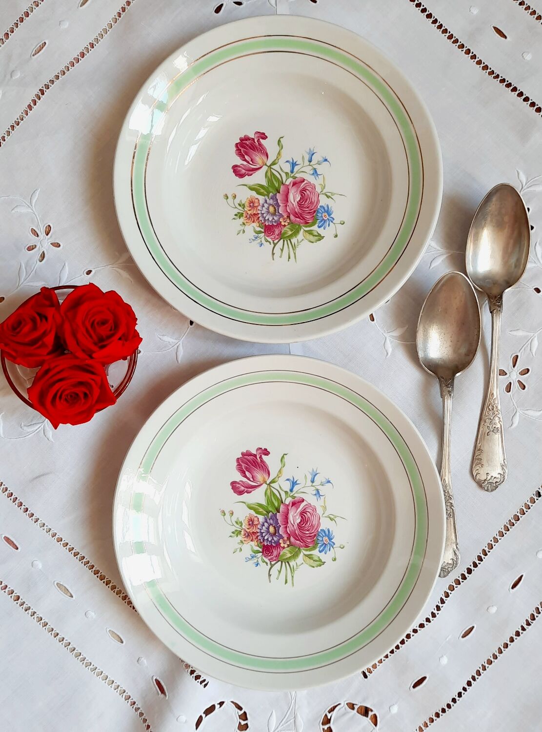 Old hollow plates mismatched in earthenware