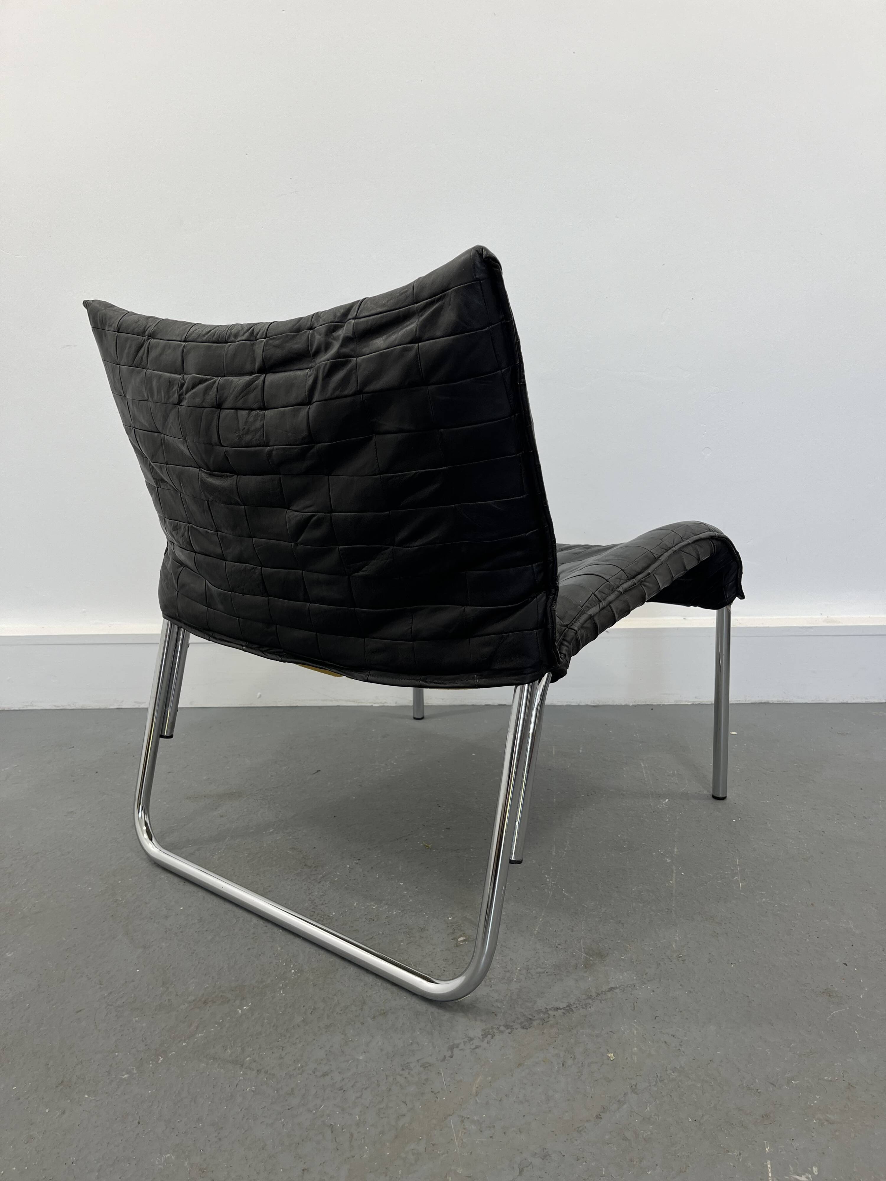 Vintage Mid-Century Scandinavian Modern Black Patchwork Leather Lounge Chair SET From IKEA, 1980s