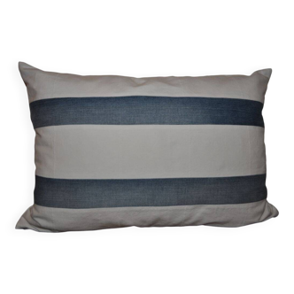 Set of 2 vintage striped blue and white linen cushions, 65 x 40 cm.