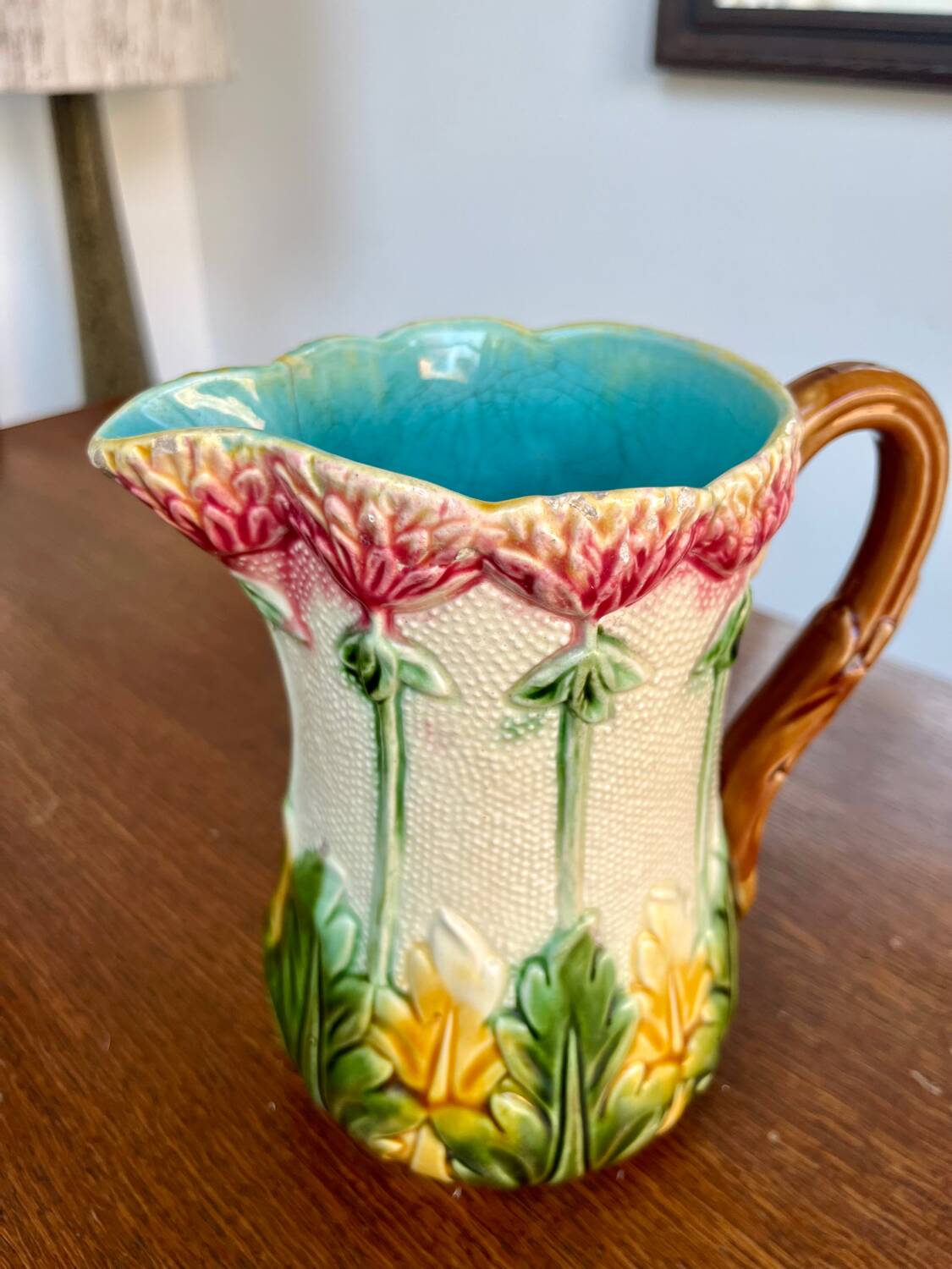 Antique floral barbotine jug – late 19th century ceramic