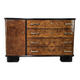 1950s Art Decò sideboard in briar root and lacquered wood with glass top