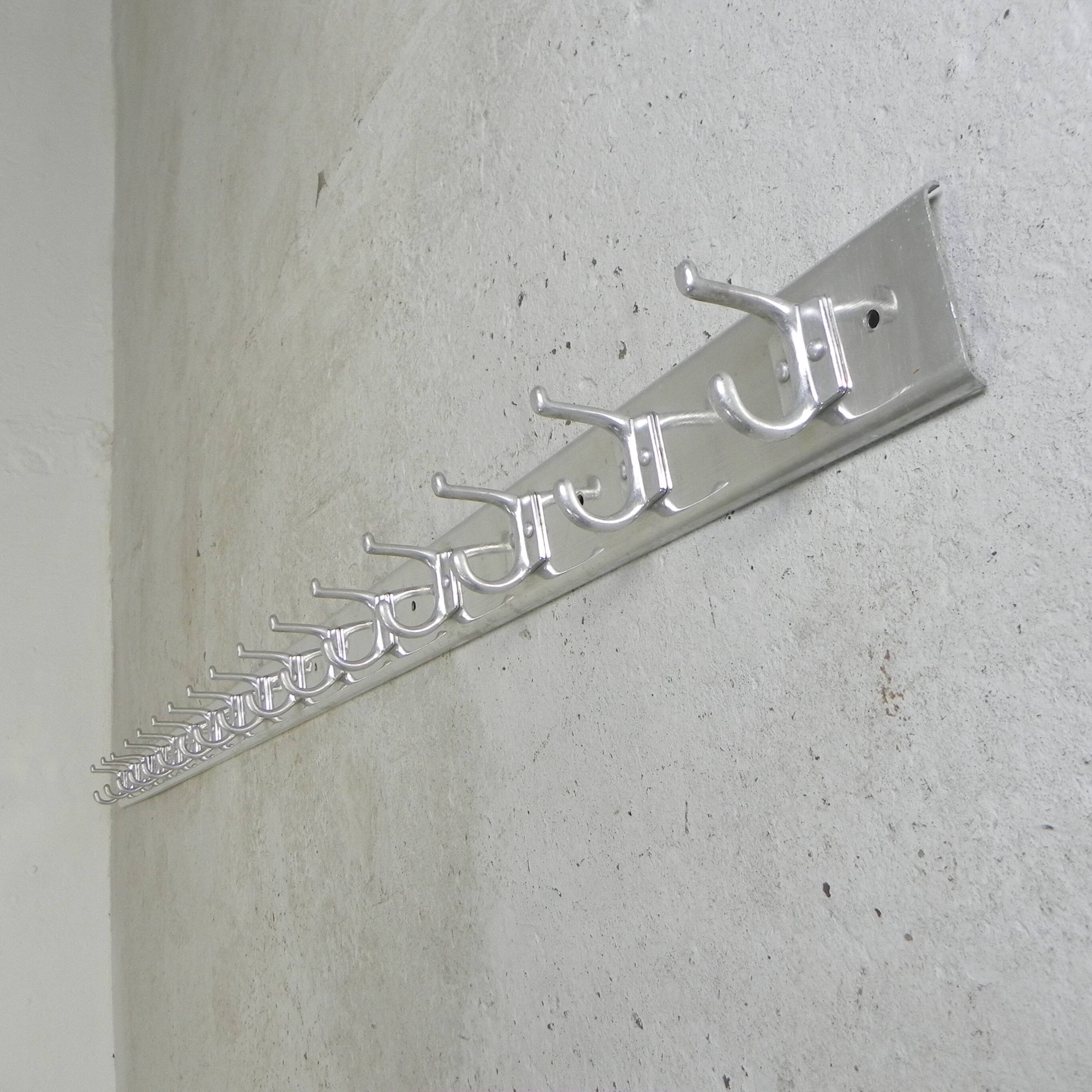 225cm Aluminum Wall Coat Rack with 16 Double Hooks, 1960s