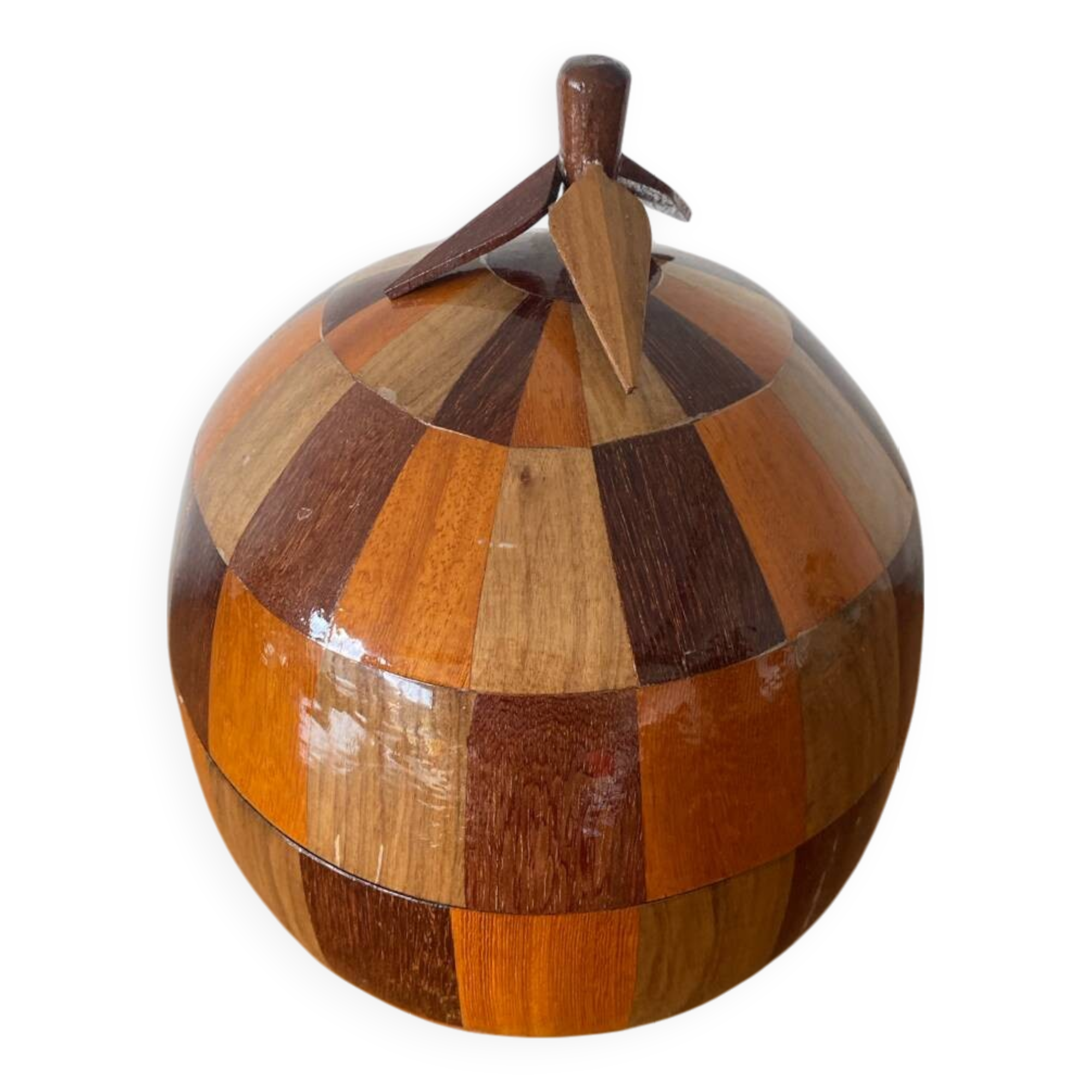 Antique Coconut Ice Bucket Wood Marquetry 1950s Vintage