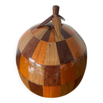 Antique Coconut Ice Bucket Wood Marquetry 1950s Vintage