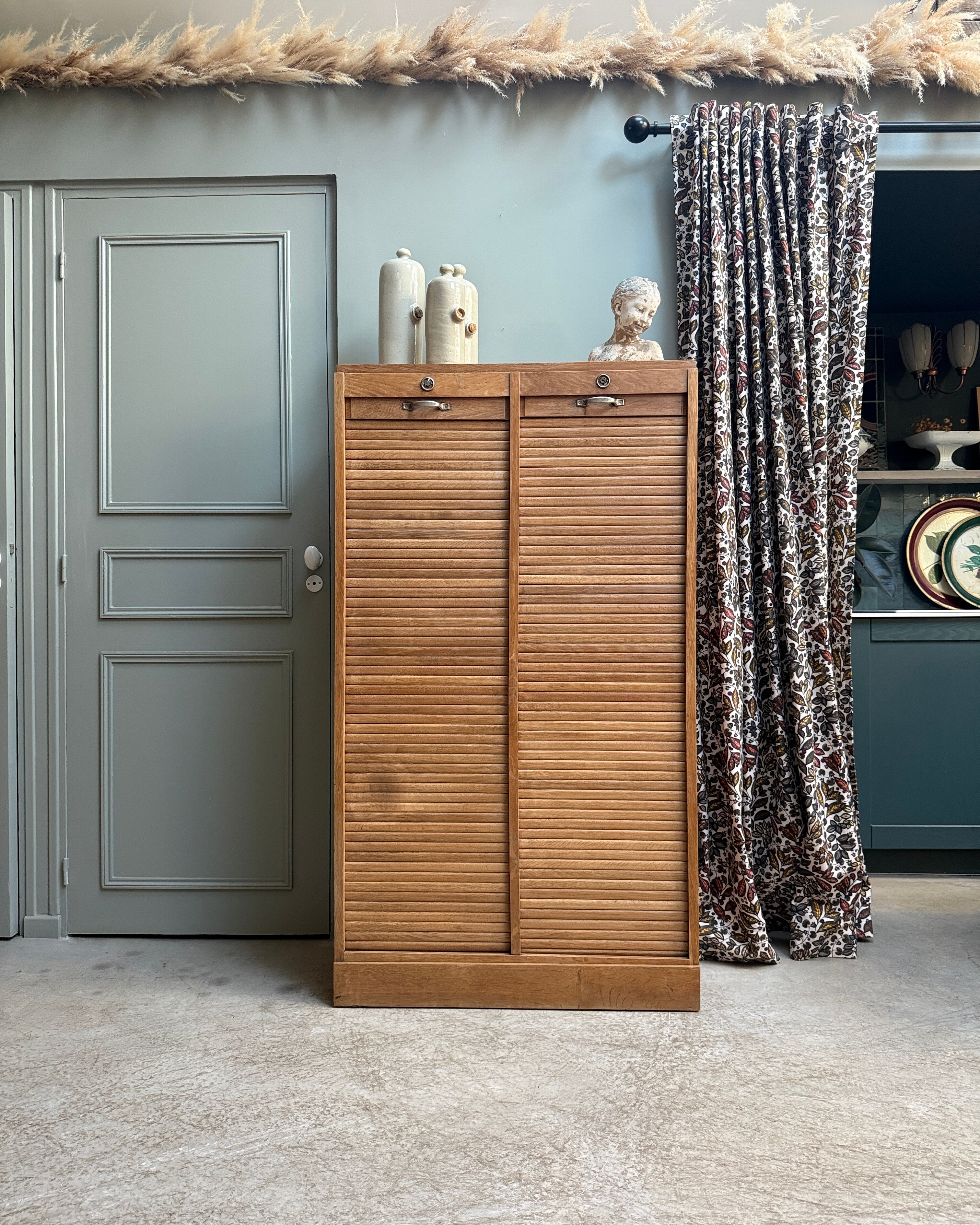 Oak filing cabinet with curtains (renovated)
