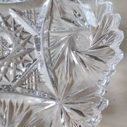 Vintage pocket tray in cut Bohemian crystal. Sophisticated star/brass patterns. Stylish Czech Boho
