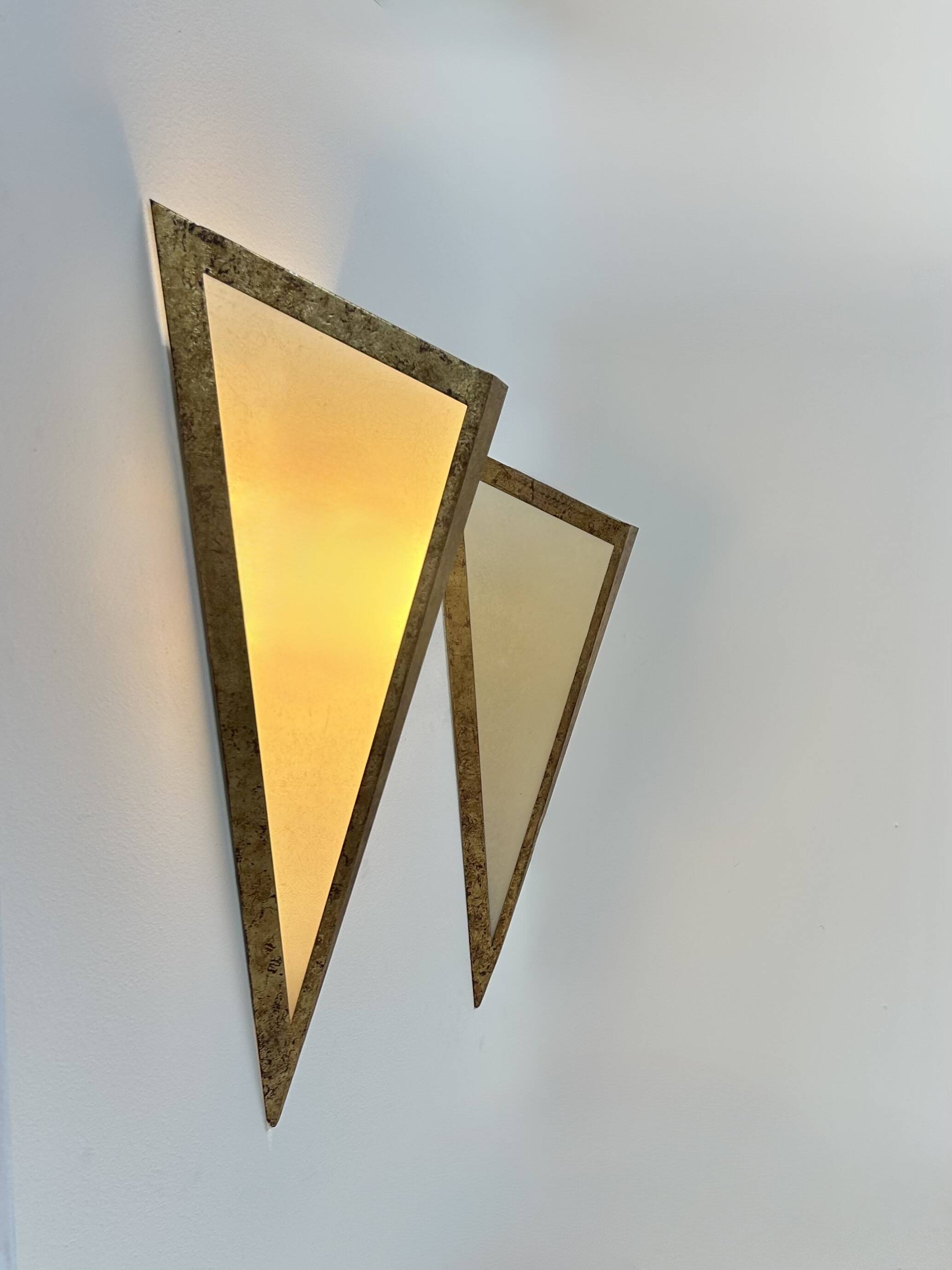 Pair of XL vintage wall lights in gilded metal and parchment, France, 1970.