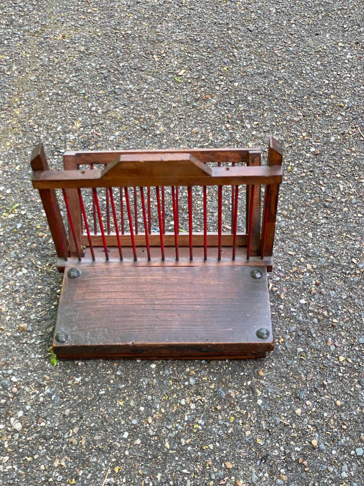 Vintage magazine rack, foldable wooden document holder.