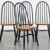 Set of 4 vintage wooden design chairs with black spindle backrest and brown seat