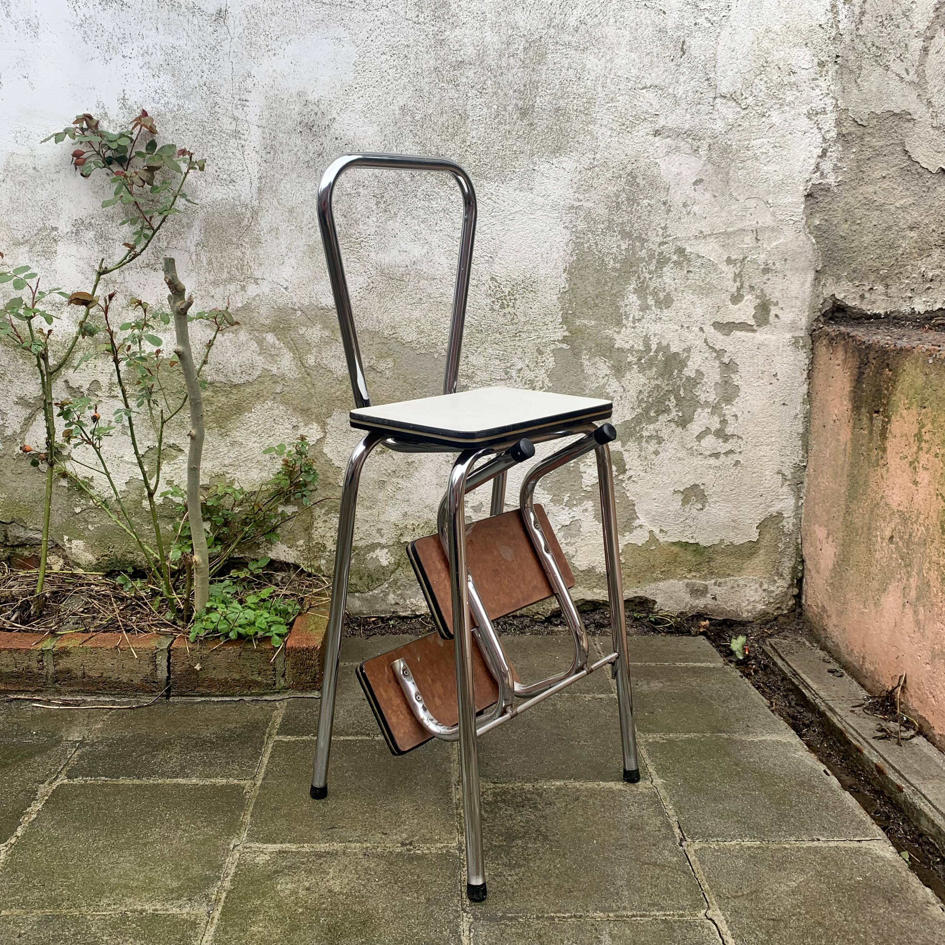 Vintage stepladder in Formica, wood and chromed metal
