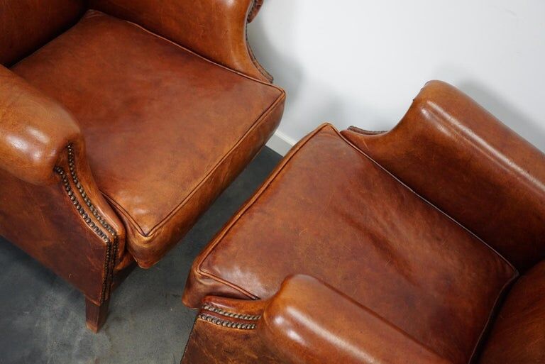 Set of 2 vintage club armchairs in cognac leather, Netherlands