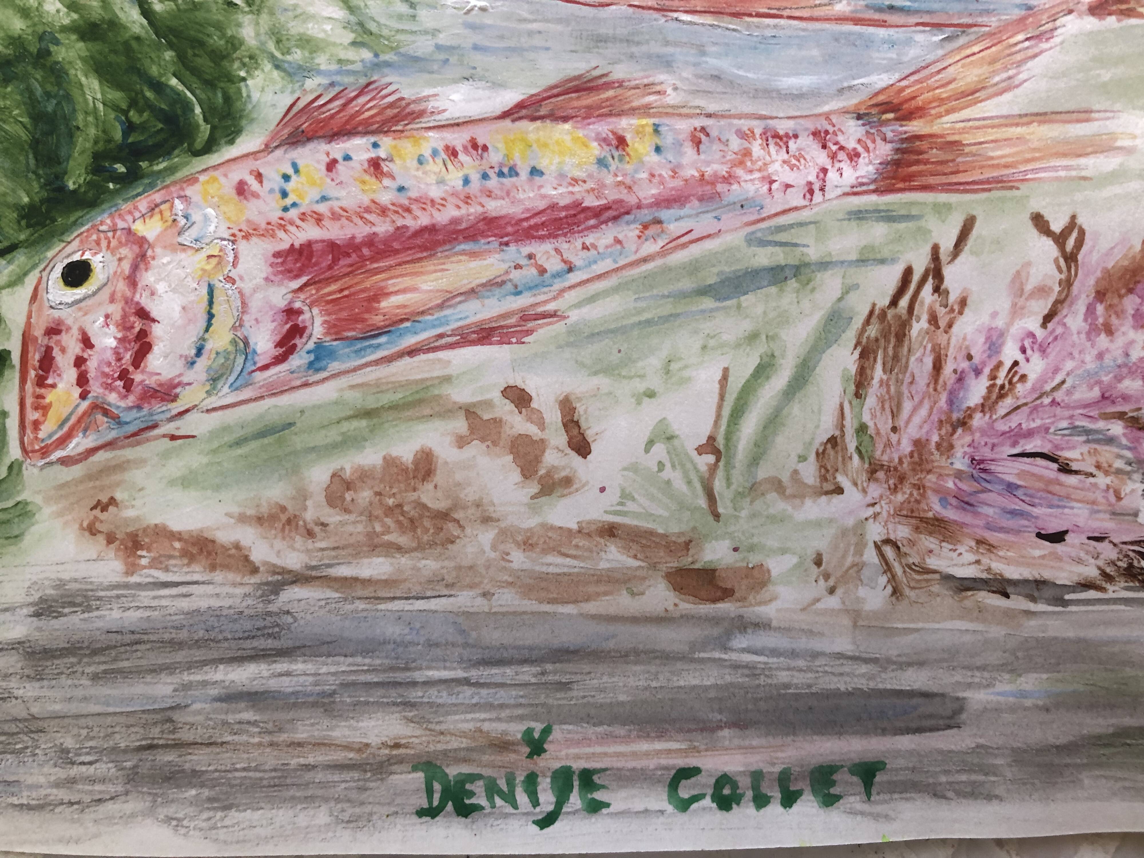 Watercolor 1960 red fish by denise collet, naive, xx painting on paper, without frame