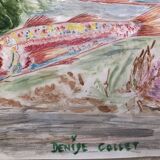 Watercolor 1960 red fish by denise collet, naive, xx painting on paper, without frame