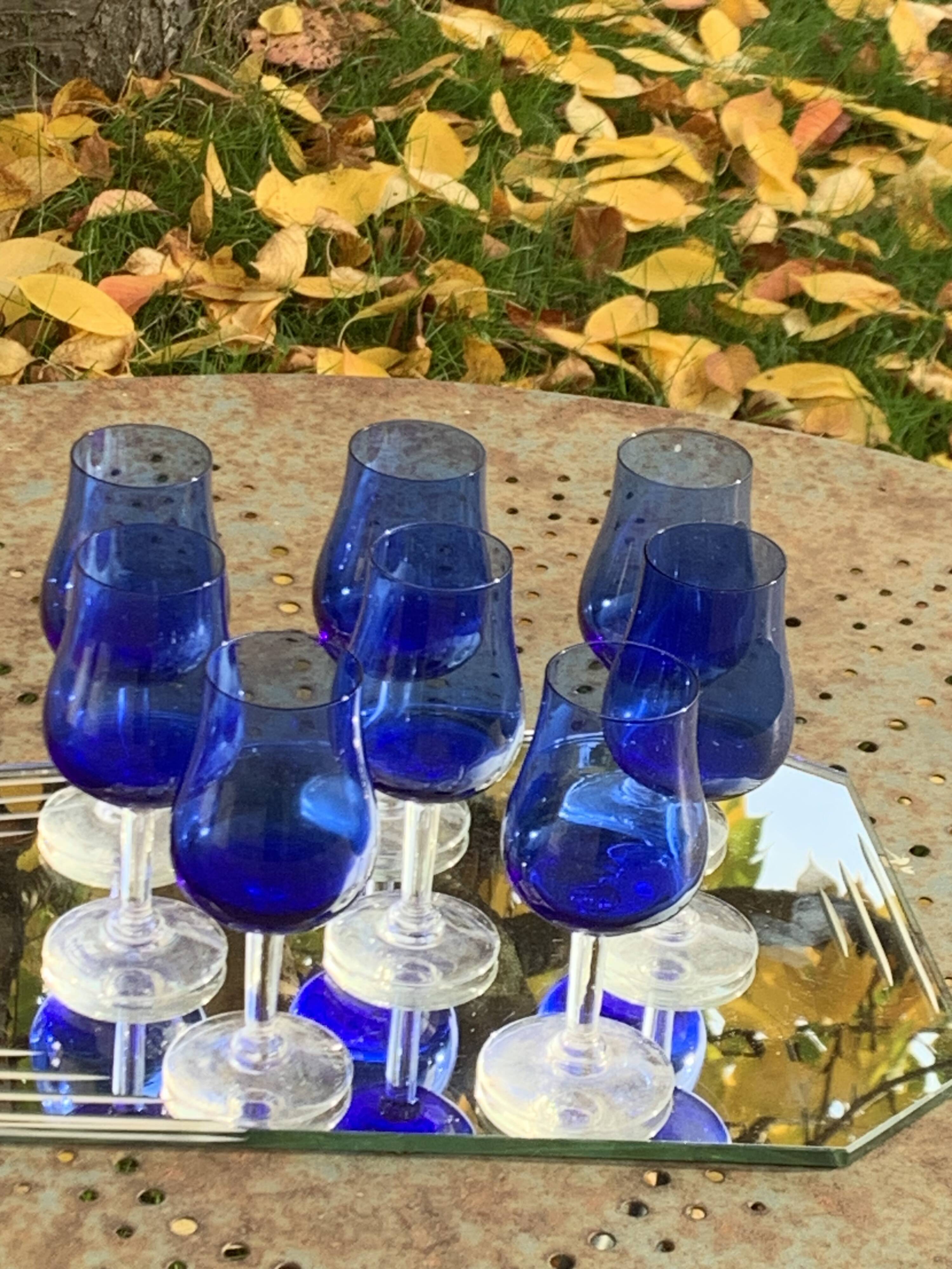 8 vintage cobalt blue glass port or aperitif glasses with transparent base