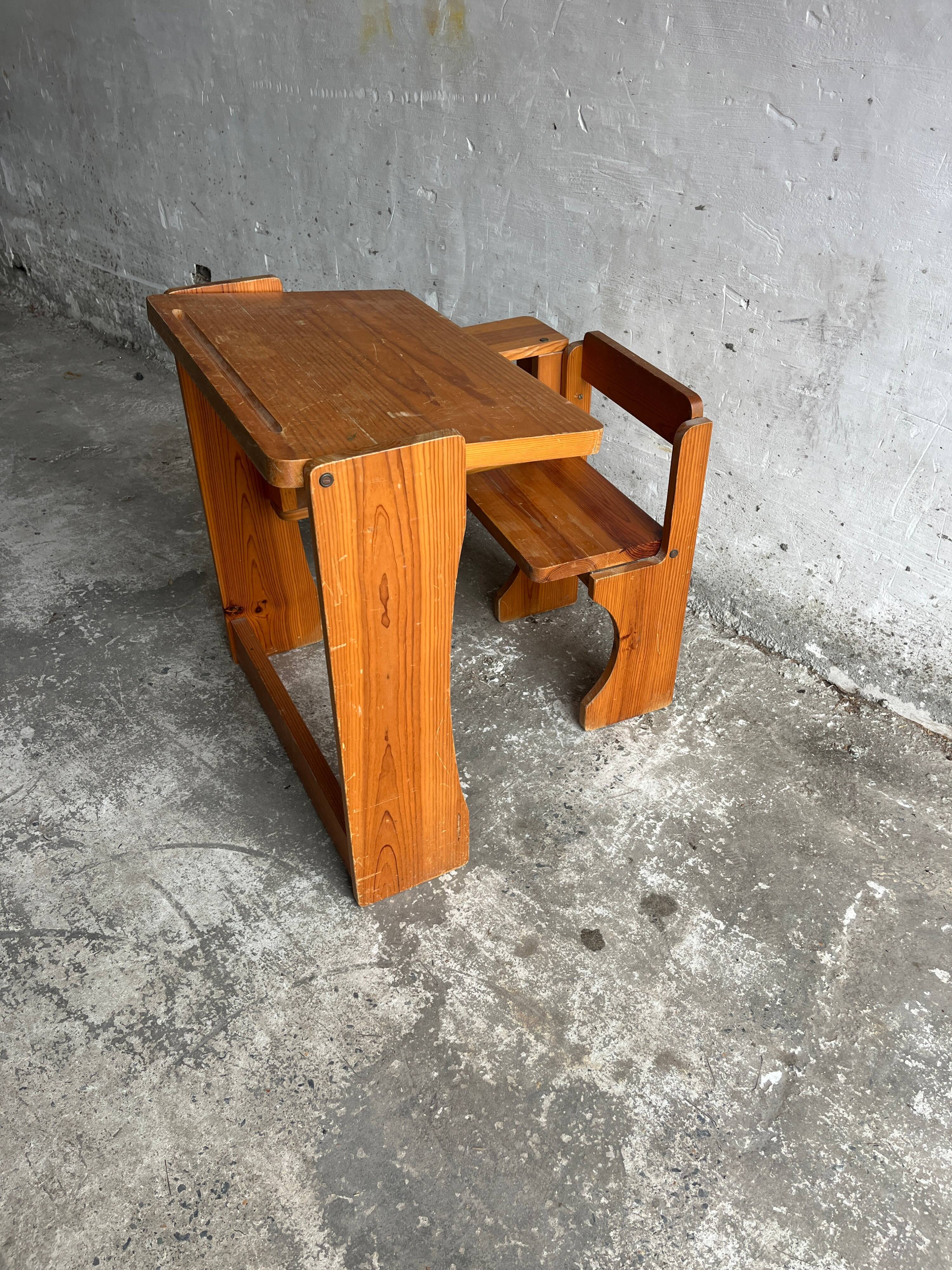 Vintage wooden folding school desk with bench – 1960s