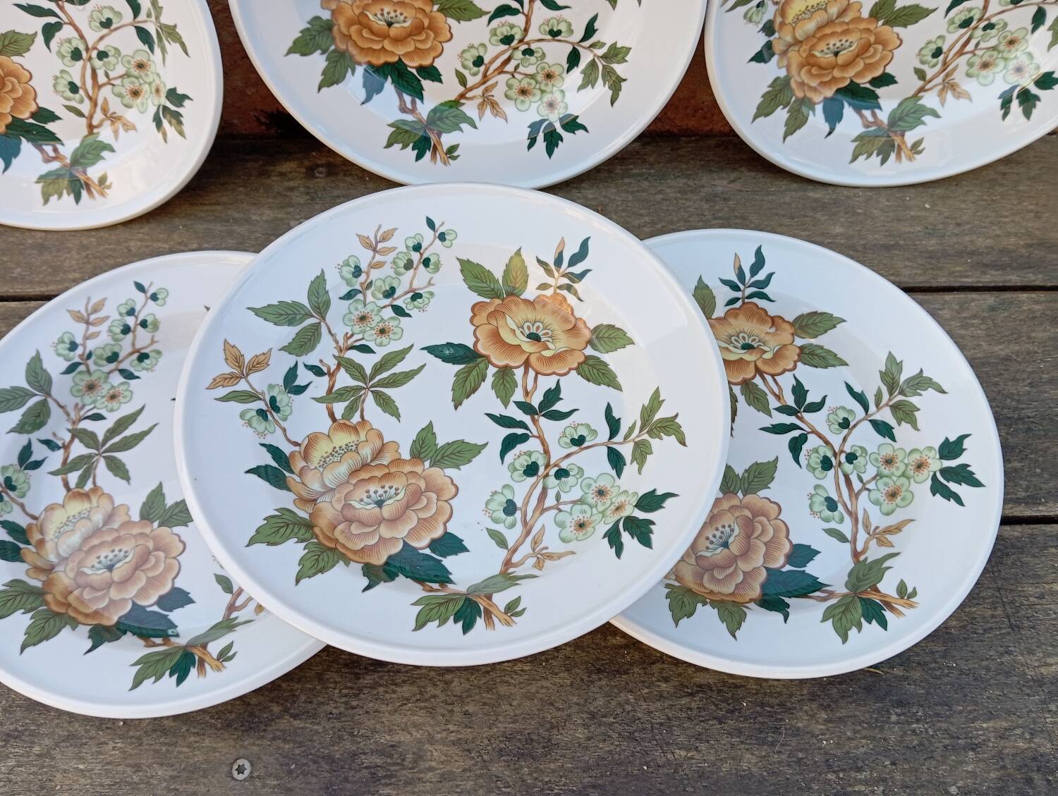 6 soup plates with orange and green flowers, Sologne porcelain, vintage
