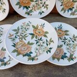 6 soup plates with orange and green flowers, Sologne porcelain, vintage