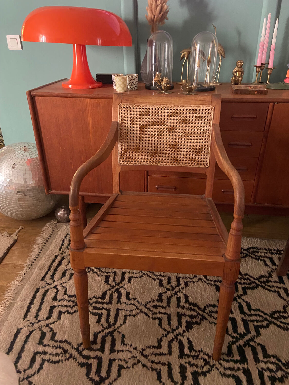 Pair of wood and cane armchairs