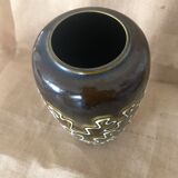 Large dark green earthenware vase/khaki geometric patterns vintage