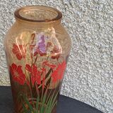 Vintage red-flowered pink glass vase