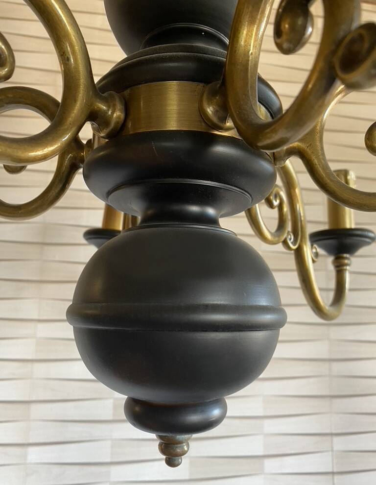 Wood and brass pendant light, black and gold, vintage, 60s.