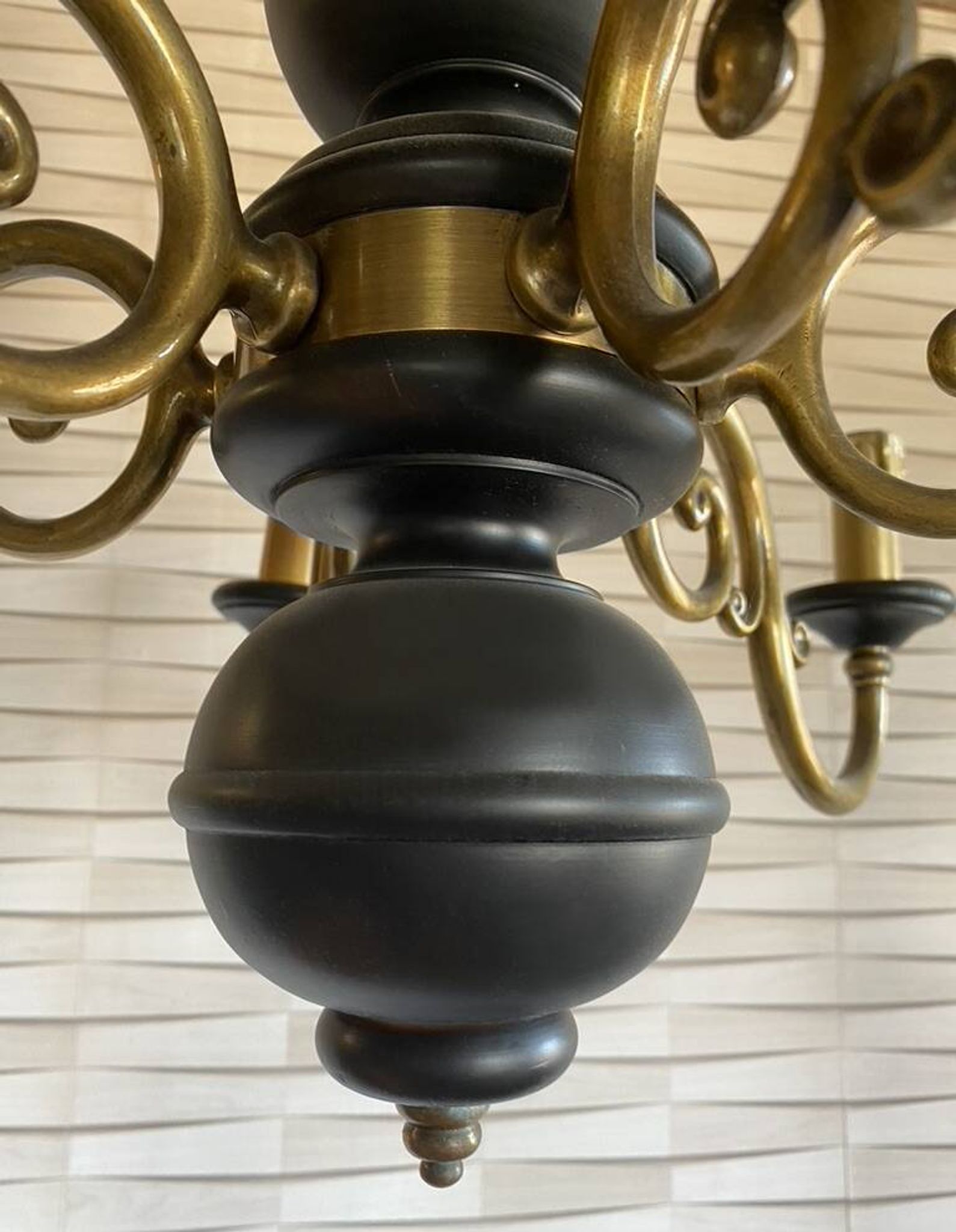 Wood and brass pendant light, black and gold, vintage, 60s.