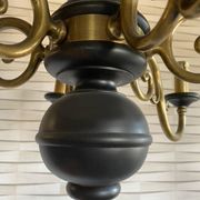 Wood and brass pendant light, black and gold, vintage, 60s.