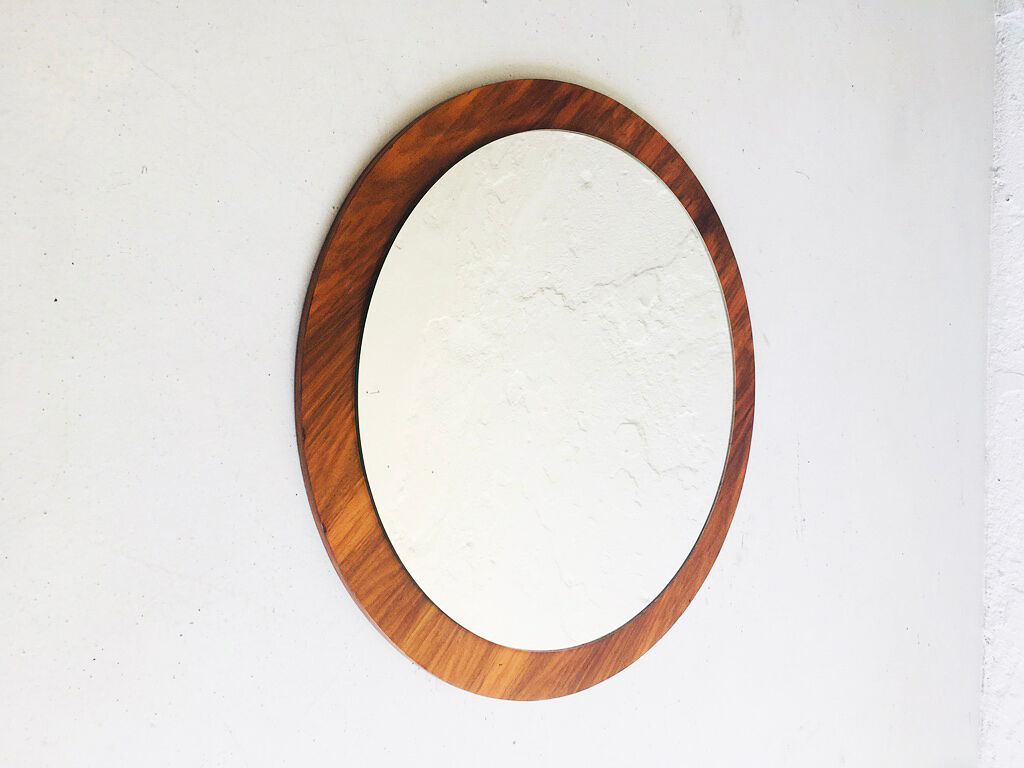 Round mirror with wooden veneer frame, 1970s