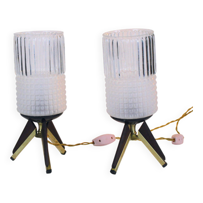 Paire lampes de chevet, Laiton, Teak, Verre de Venise, Italie, 1950