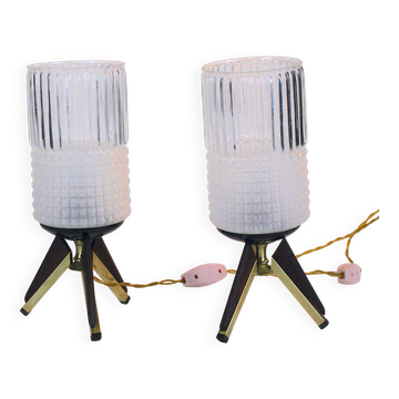 Pair of bedside lamps, Brass, Teak, Venetian glass, Italy, 1950