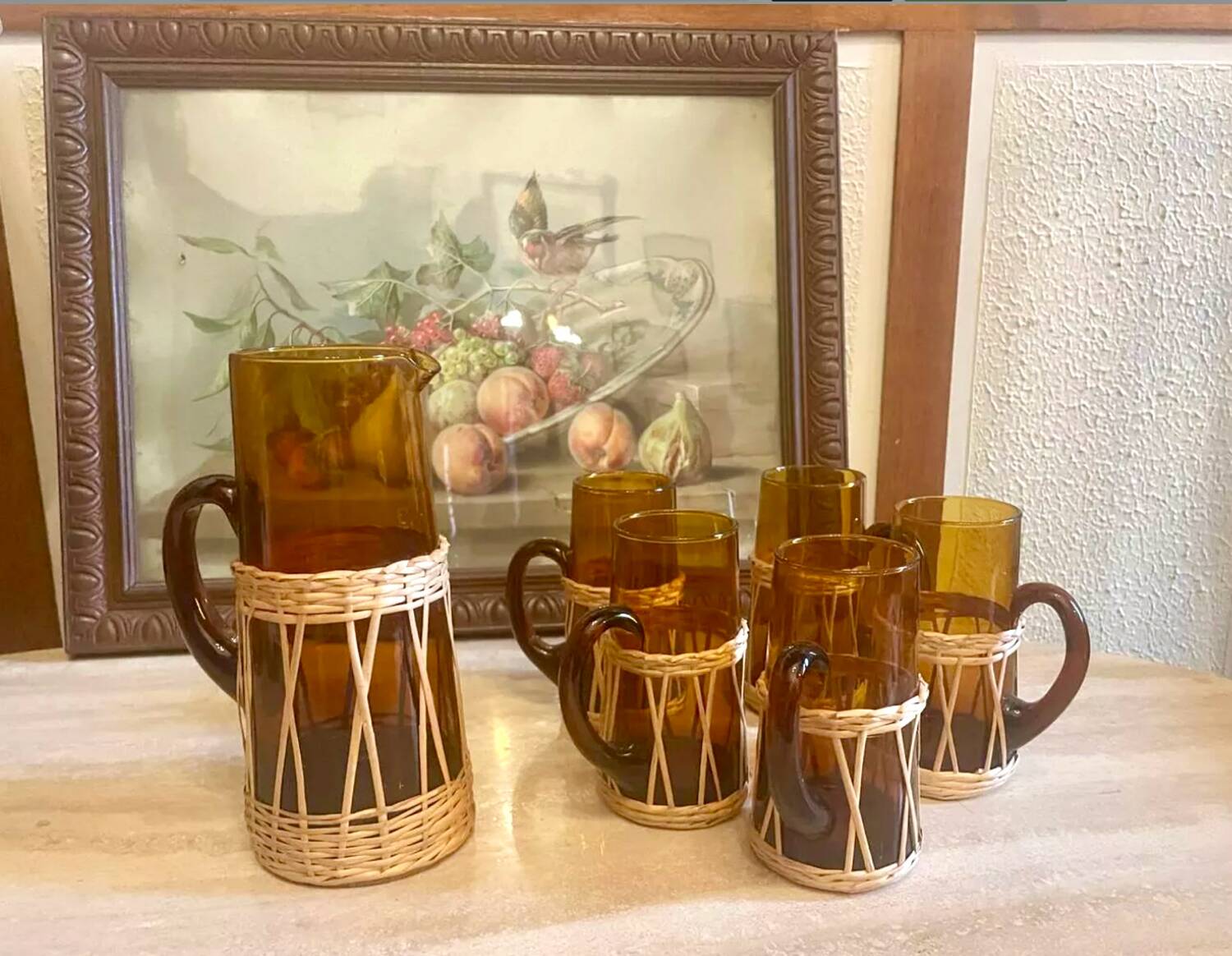 Amber glass and wicker lemonade set