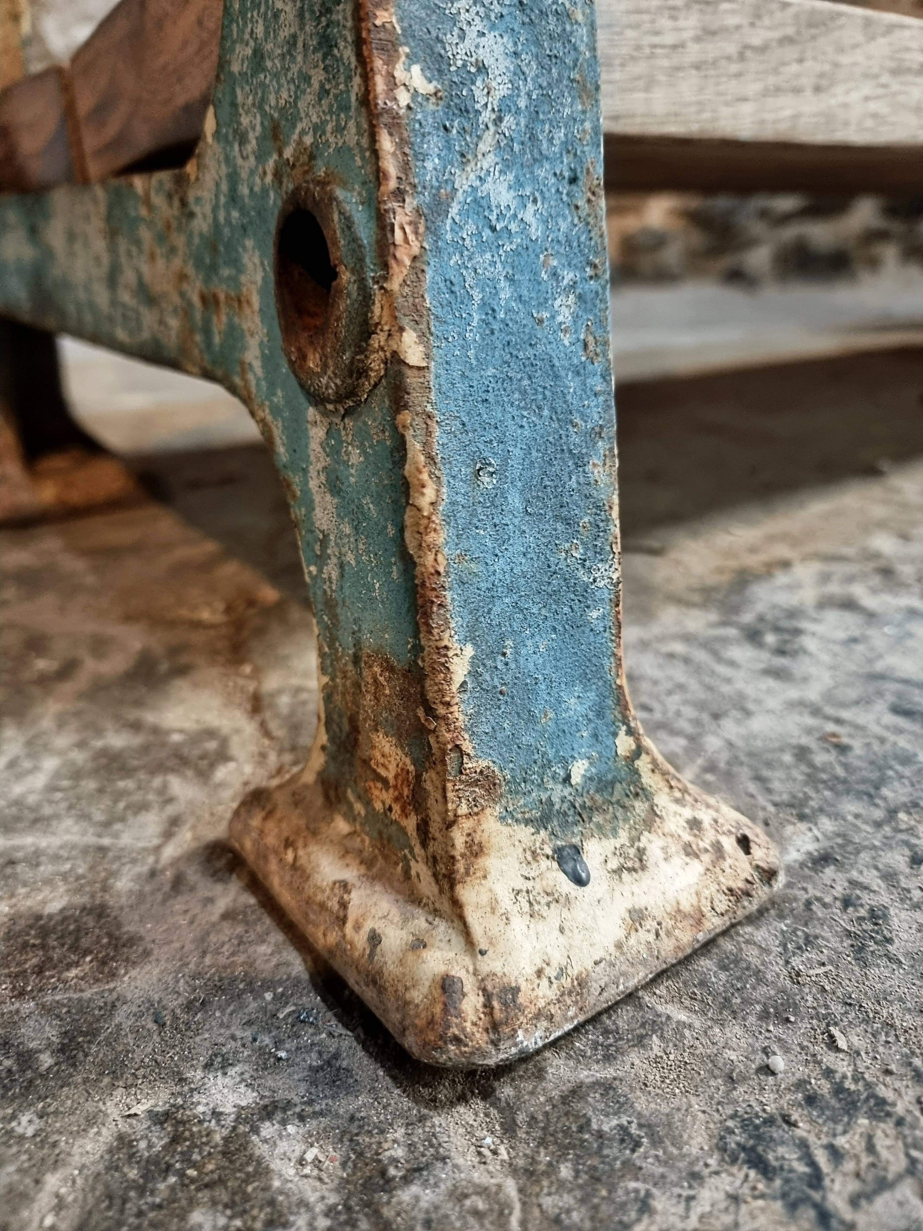 Industrial kitchen island / console table with a cast iron base – France, mid-20th century