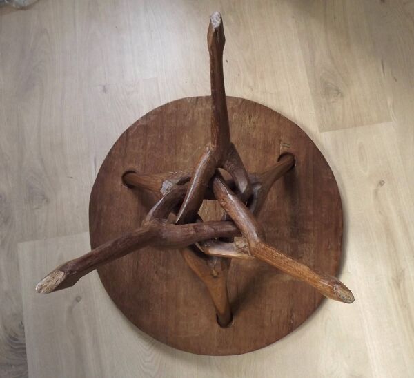 Carved African Hardwood Occasional Table Geometric Top & Interlocking Legs