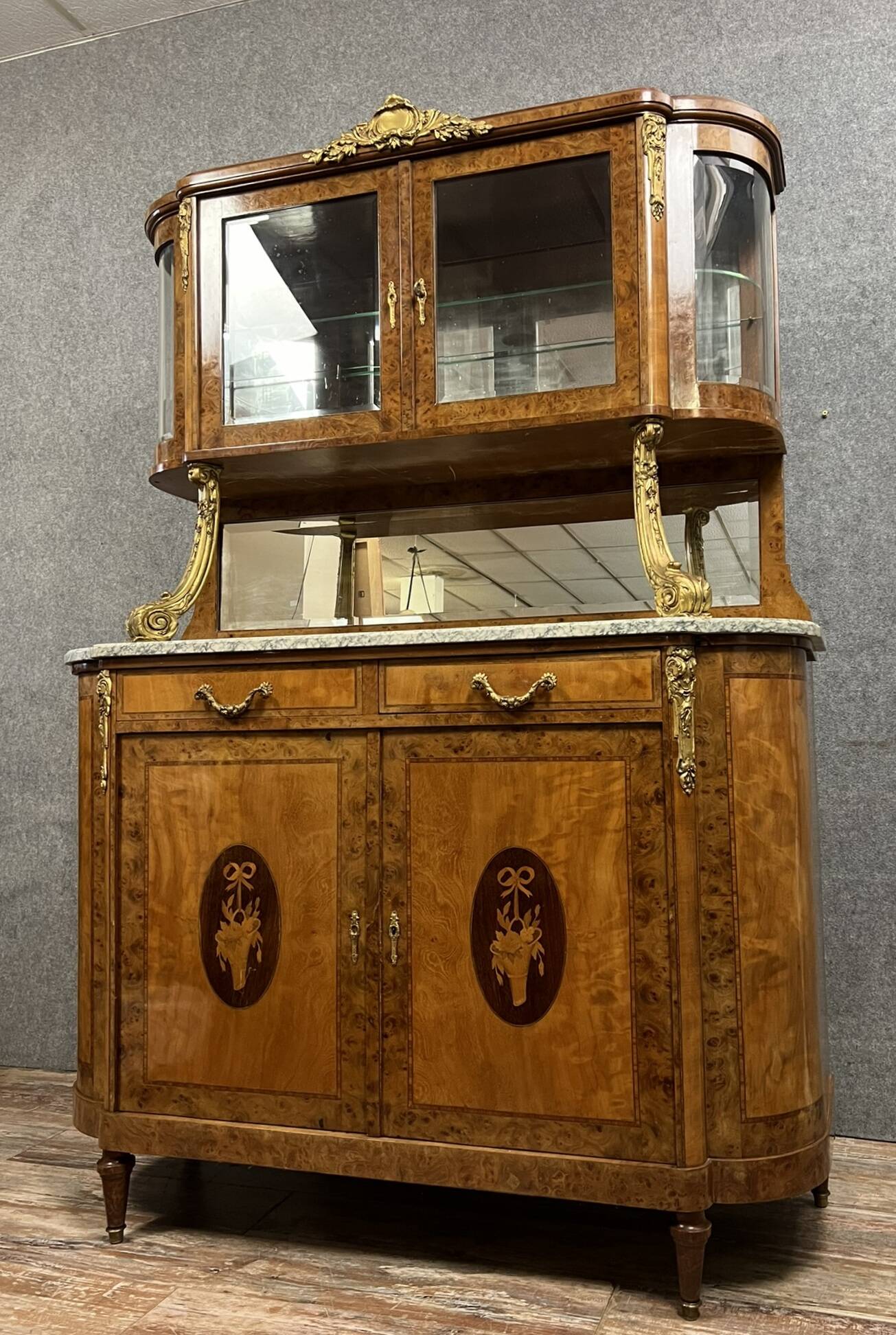 Superb Louis XVI two-body buffet in marquetry and gilded bronzes circa 1880