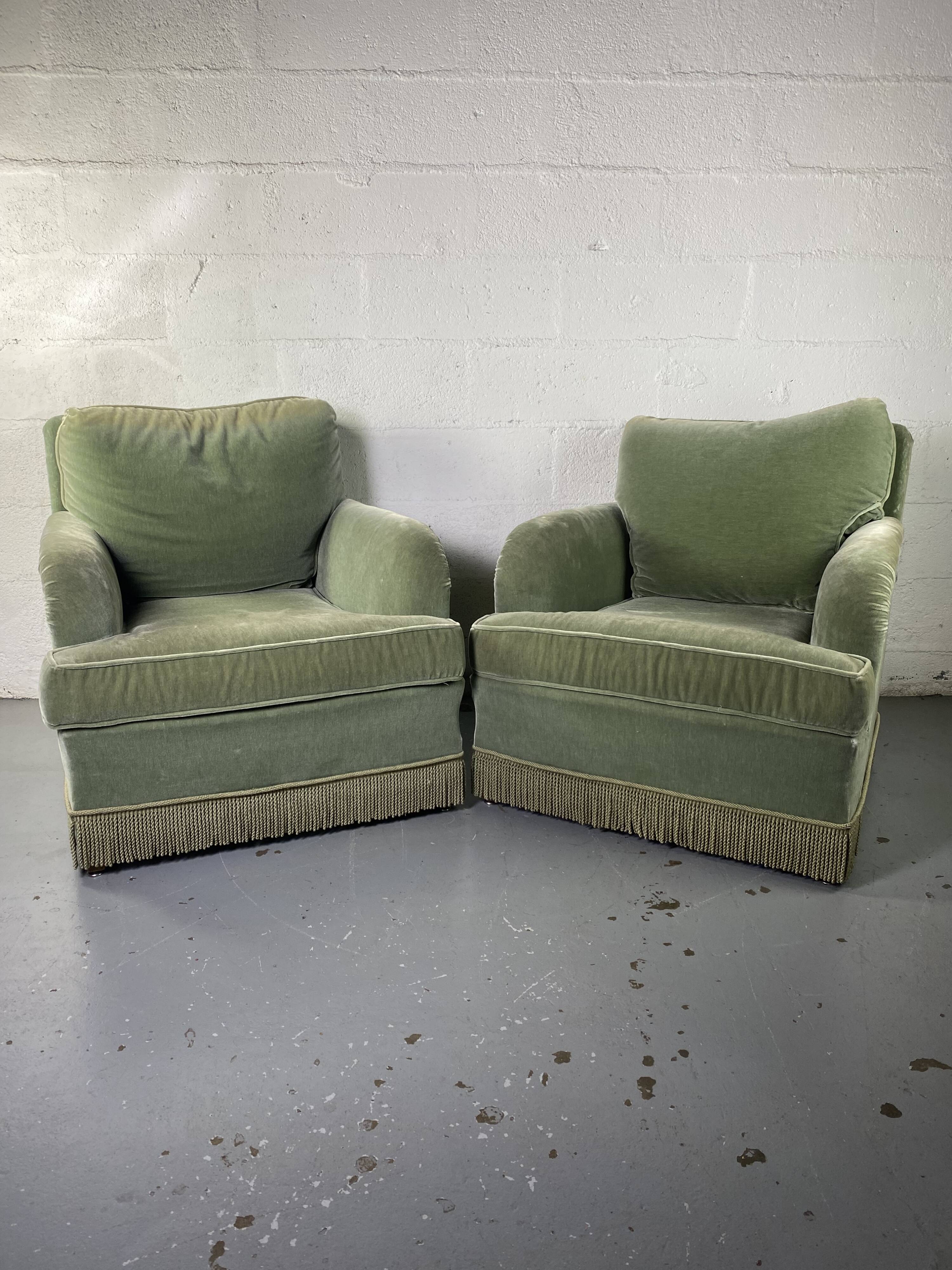 Pair of green velvet club armchairs