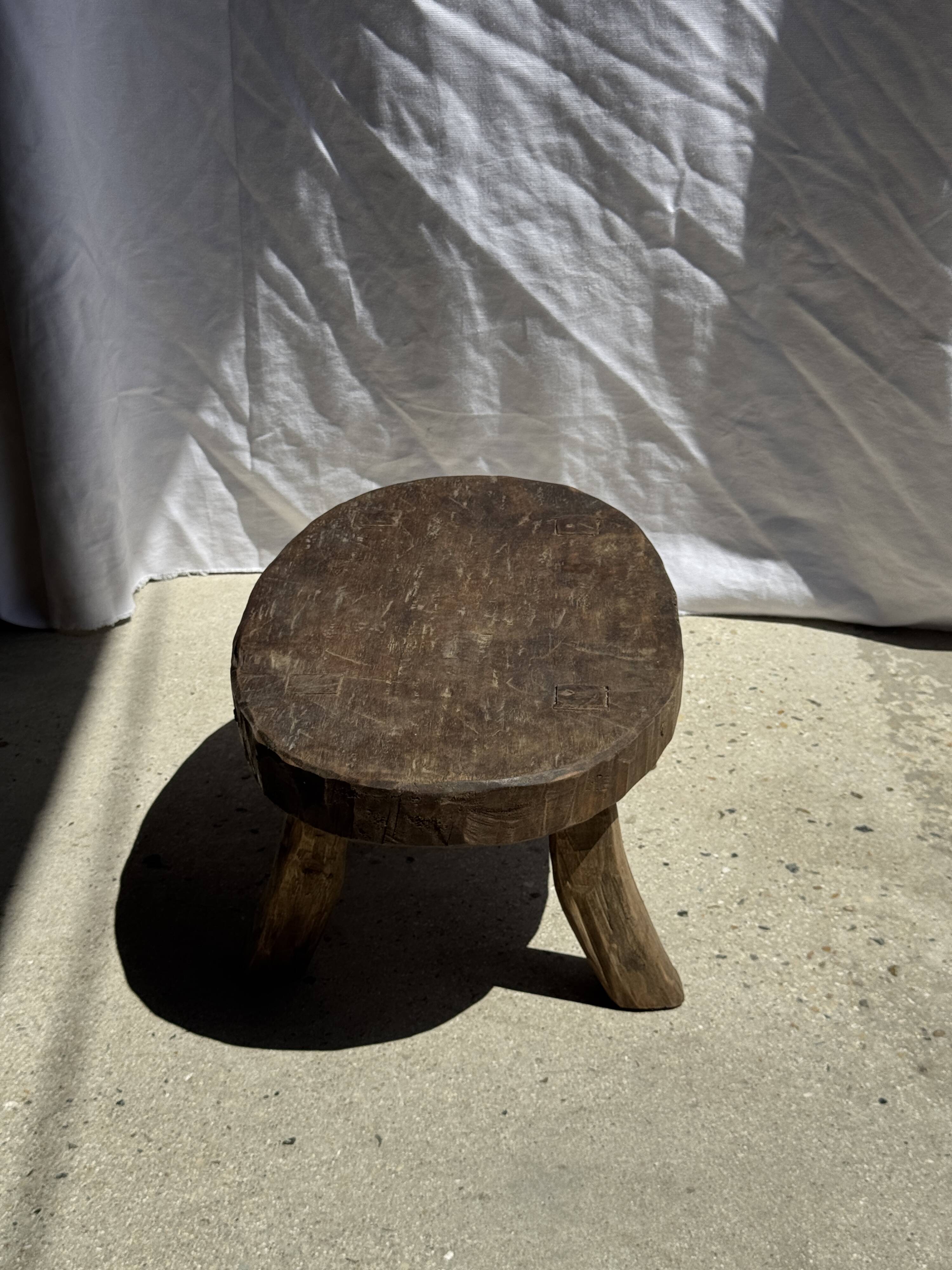 Small stool or small oval side table in solid teak wabi-sabi H24 53