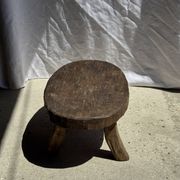 Small stool or small oval side table in solid teak wabi-sabi H24 53