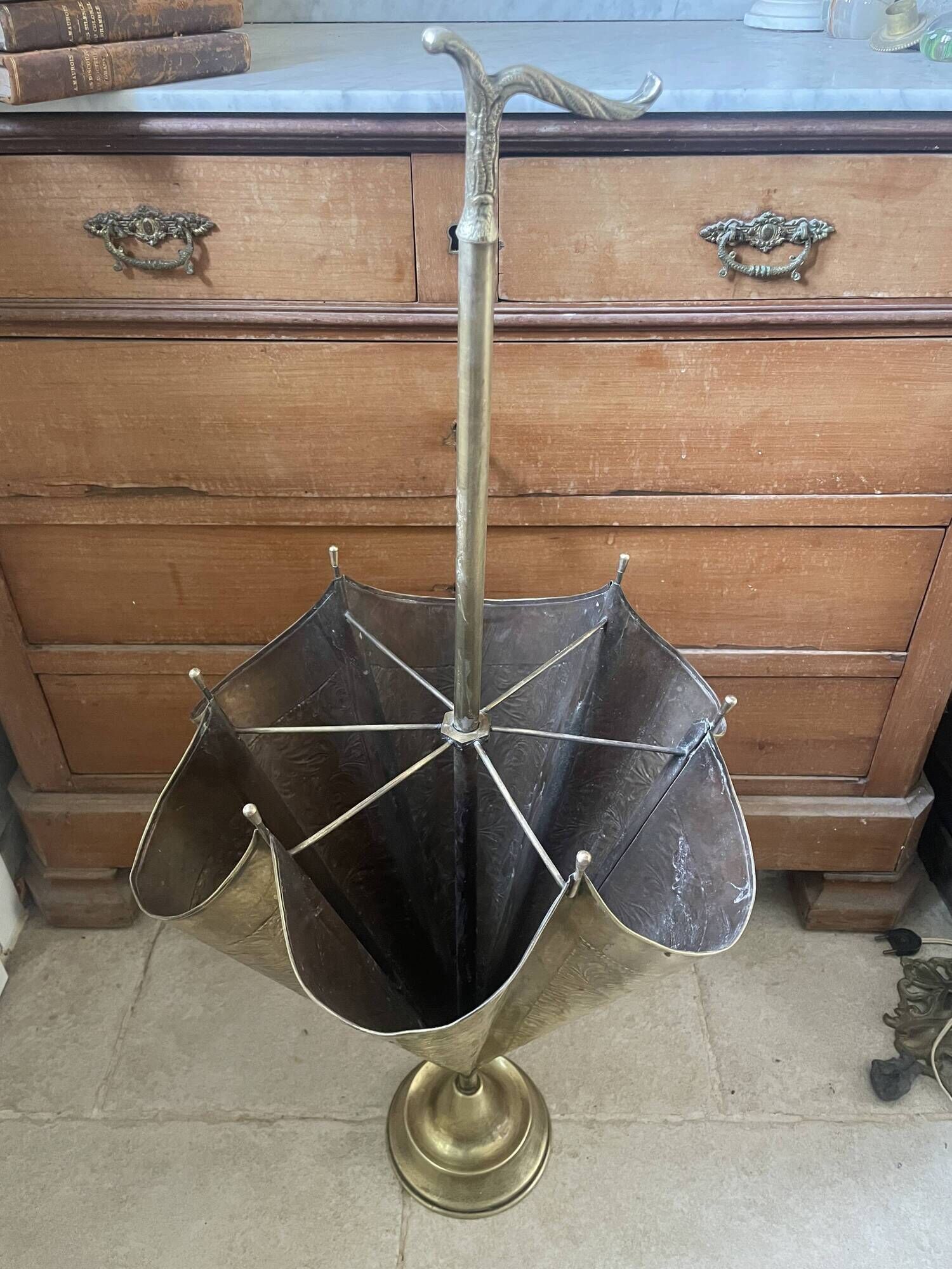 Antique repoussé brass umbrella stand