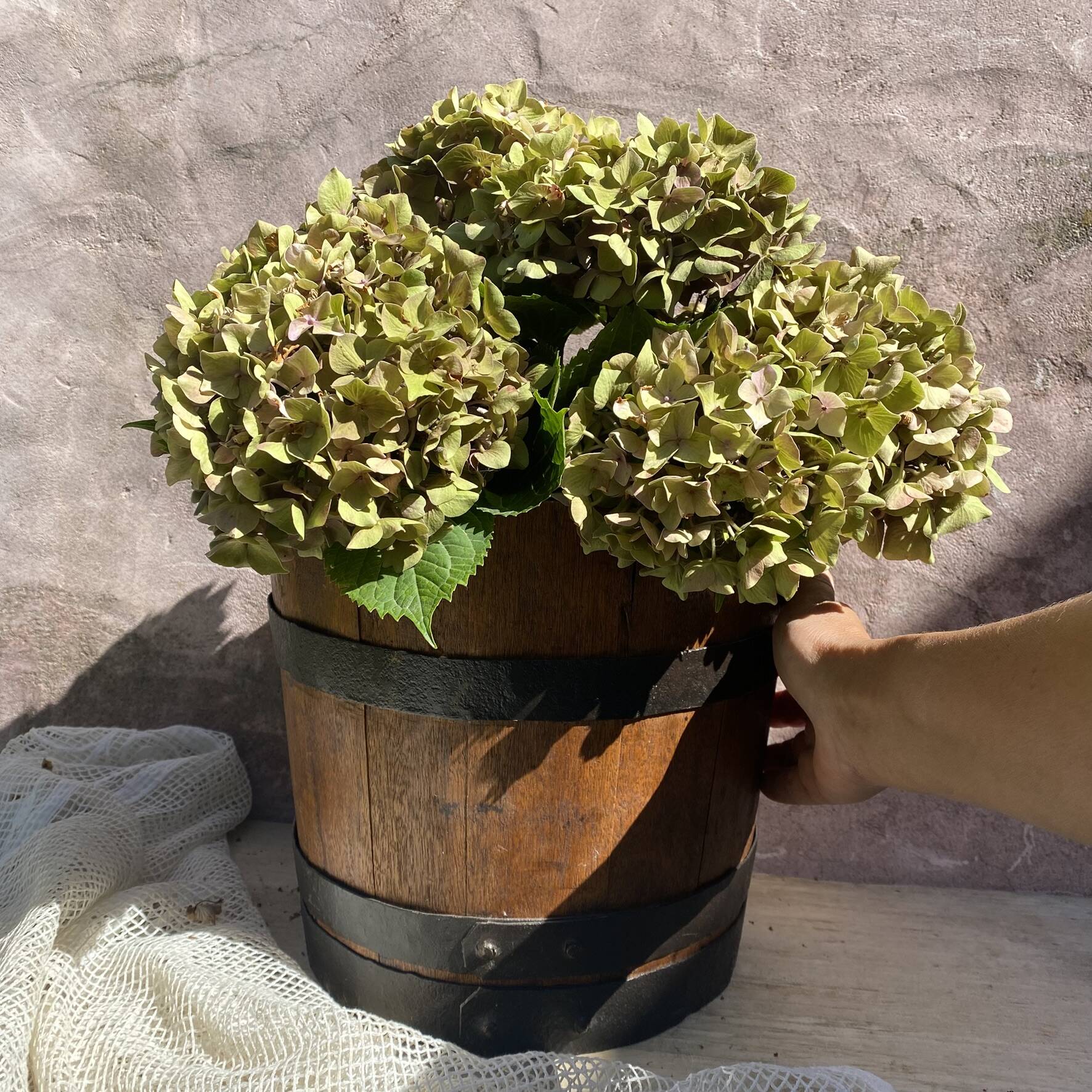Wood and metal barrel planter