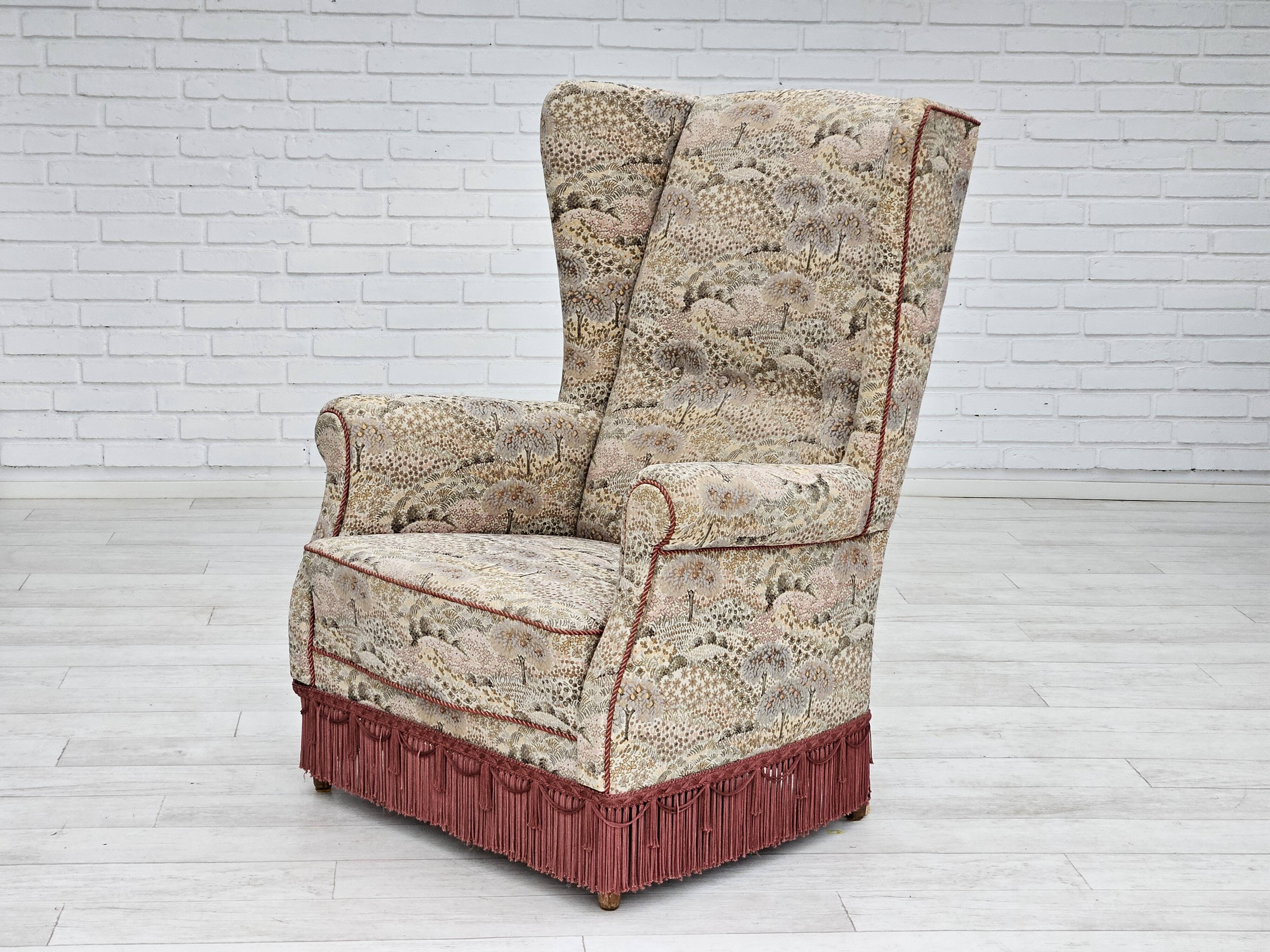 1955-60s, Danish design, high back armchair in floral multicolor fabric, original condition.