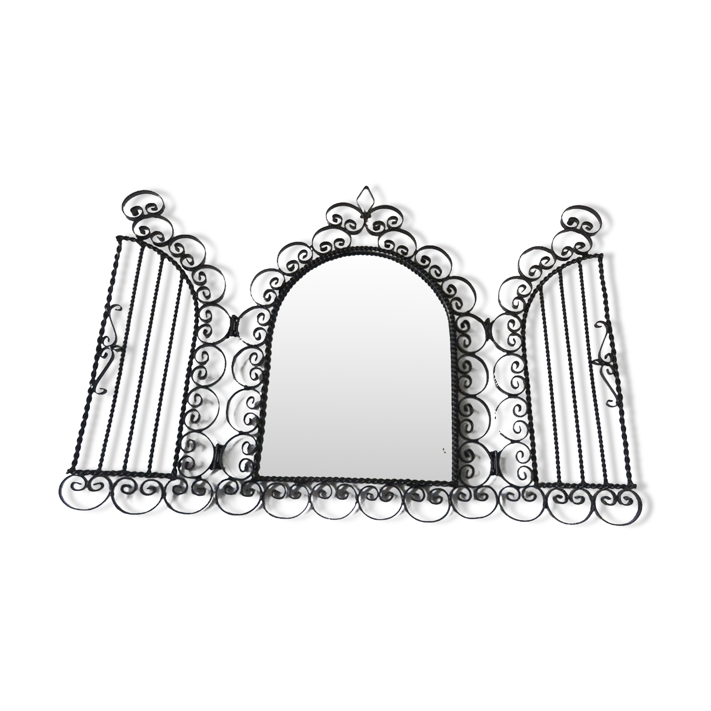Opening mirror, shuttered, in black wrought iron, Vallauris 50s 60s