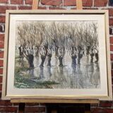 Aquarelle représentant des arbres avec leurs reflets dans l'eau