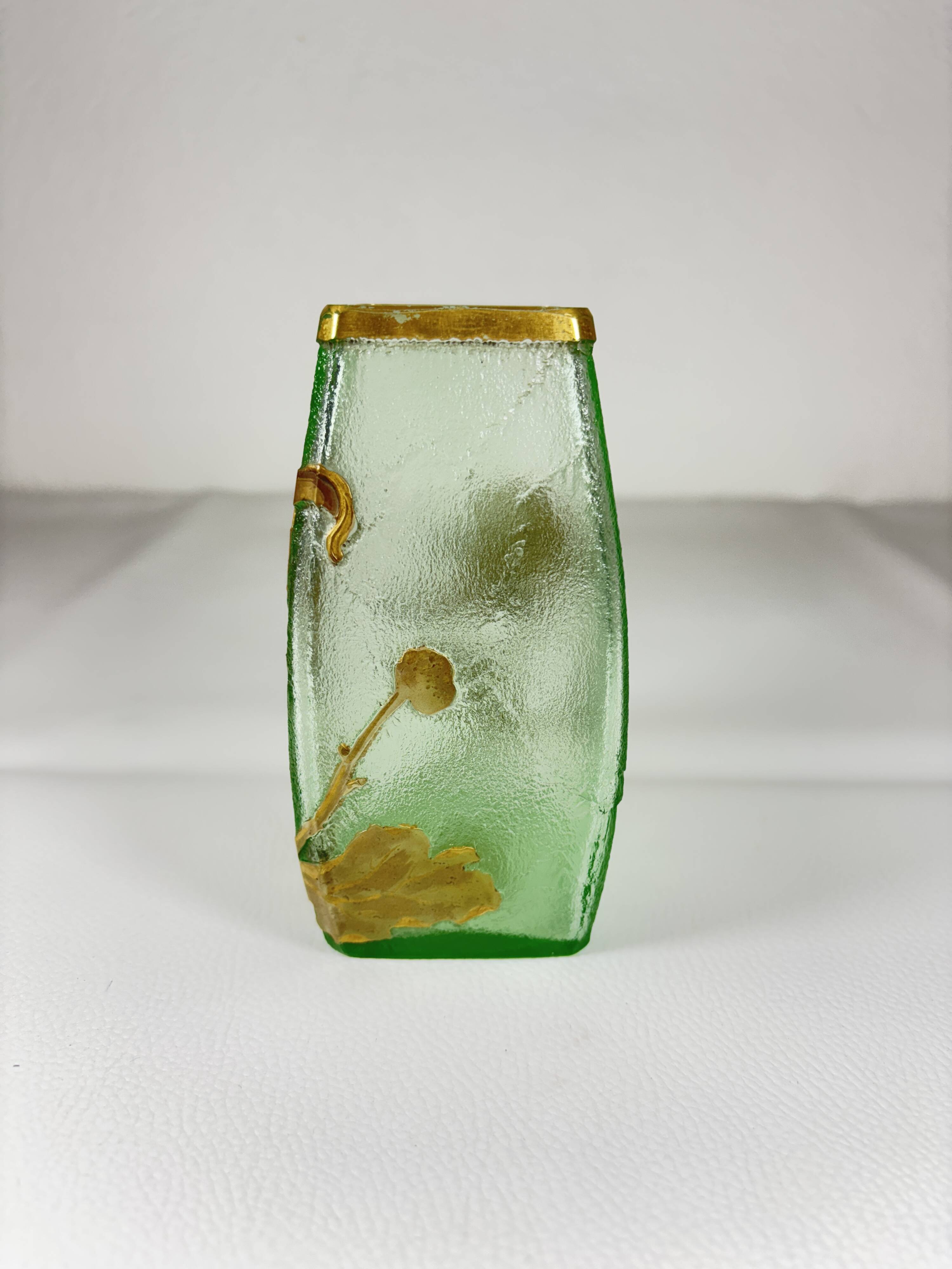 Montjoye Legras vase with frosted green and gold chrysanthemums
