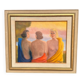 Huile sur panneau du 20e siècle – « Trois femmes » par N. Leon (1947) – Vintage
