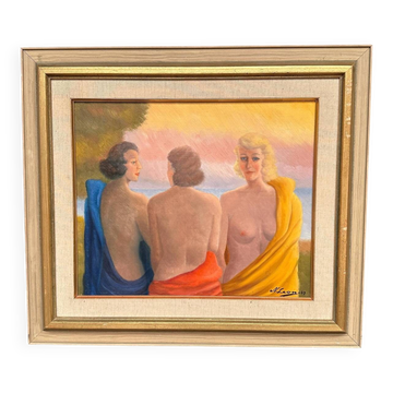 20th Century Oil on Panel – “Three Women” by N. Leon (1947) – Vintage